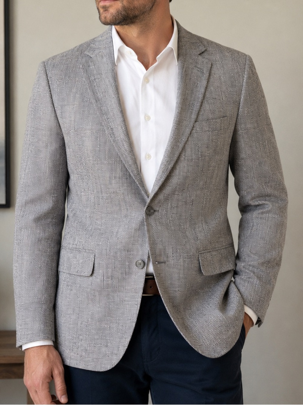 Stafford Men’s Textured Plaid Blazer Jacket – Gray/Taupe – 48” Chest